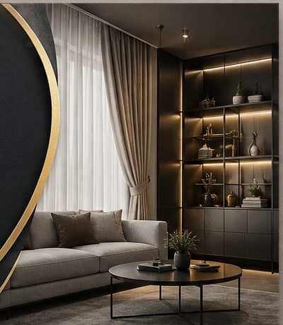 Living room styled with sheer curtains and a grey sofa