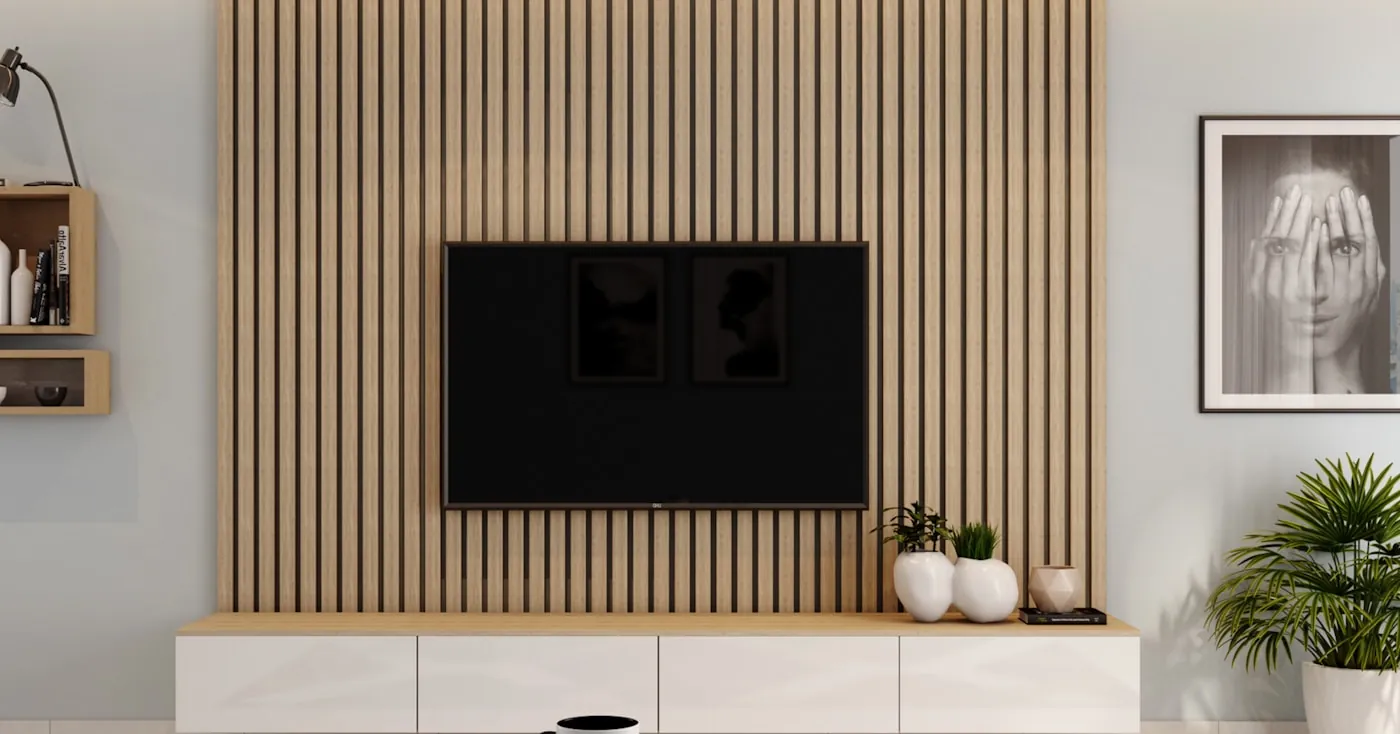 Fluted timber panelled TV wall