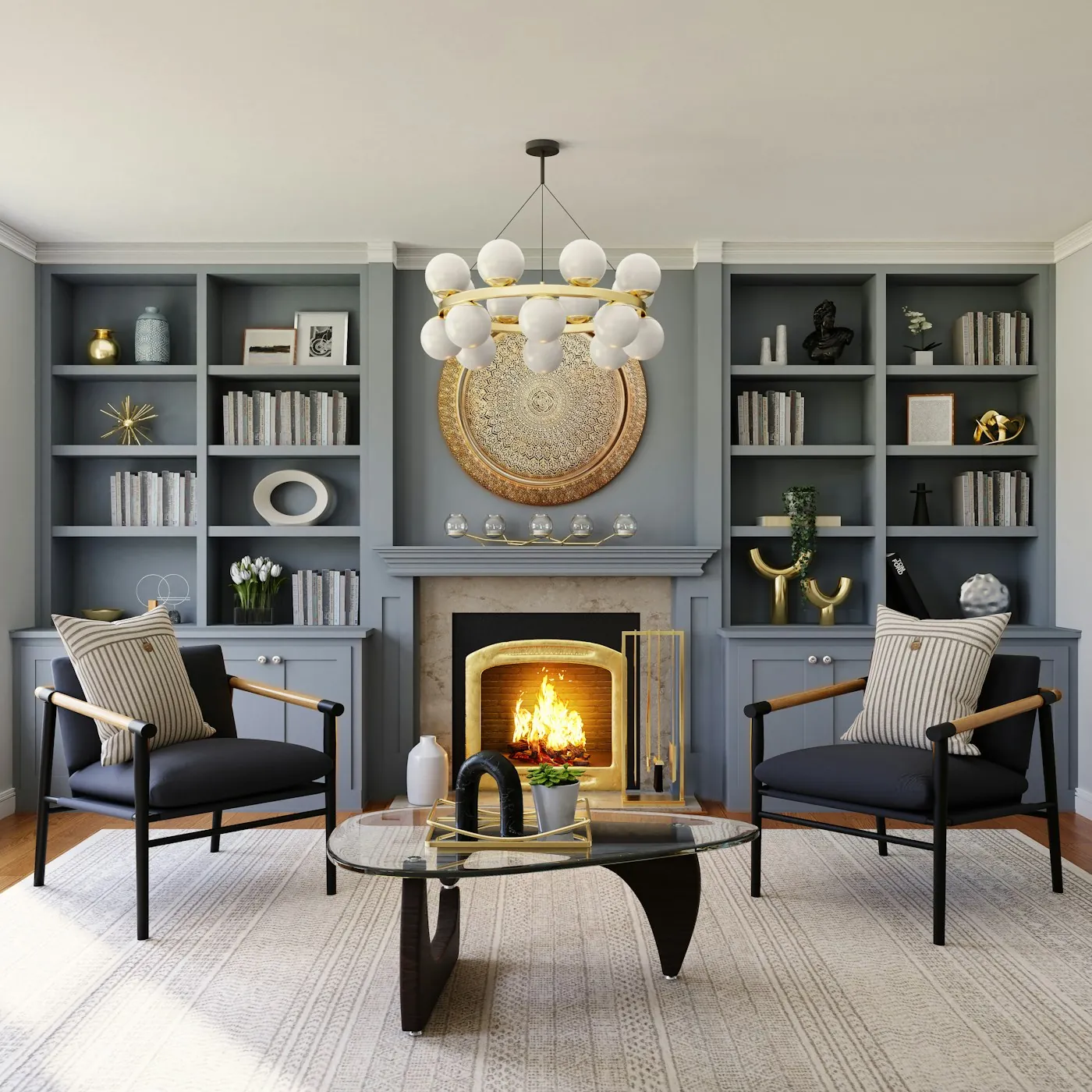 Dark built-in bookcase with a fireplace