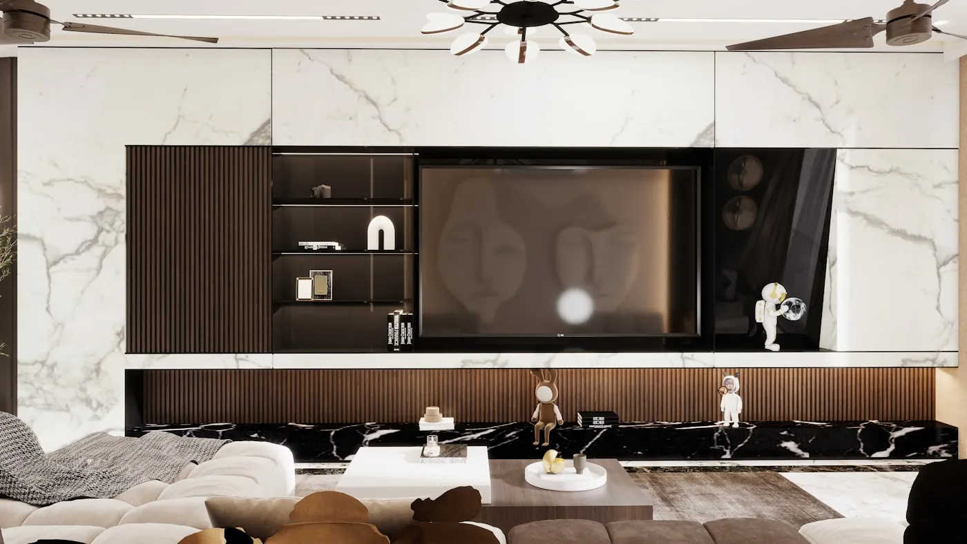 Marble-clad TV wall with warm wood panelling
