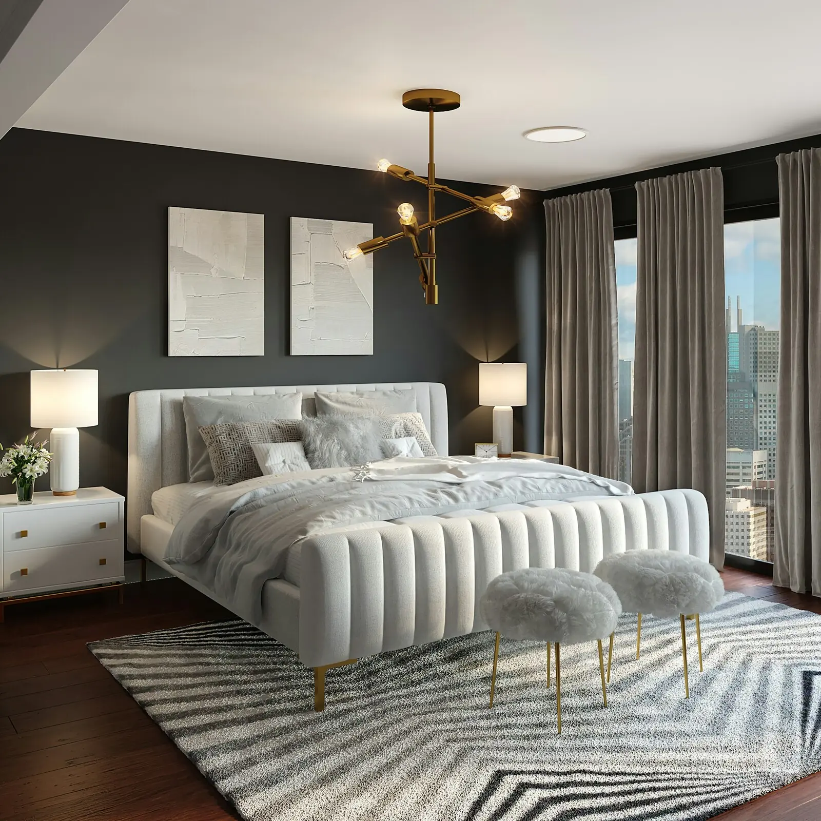 Moody bedroom with floor-length drapes and a sculptural pendant light