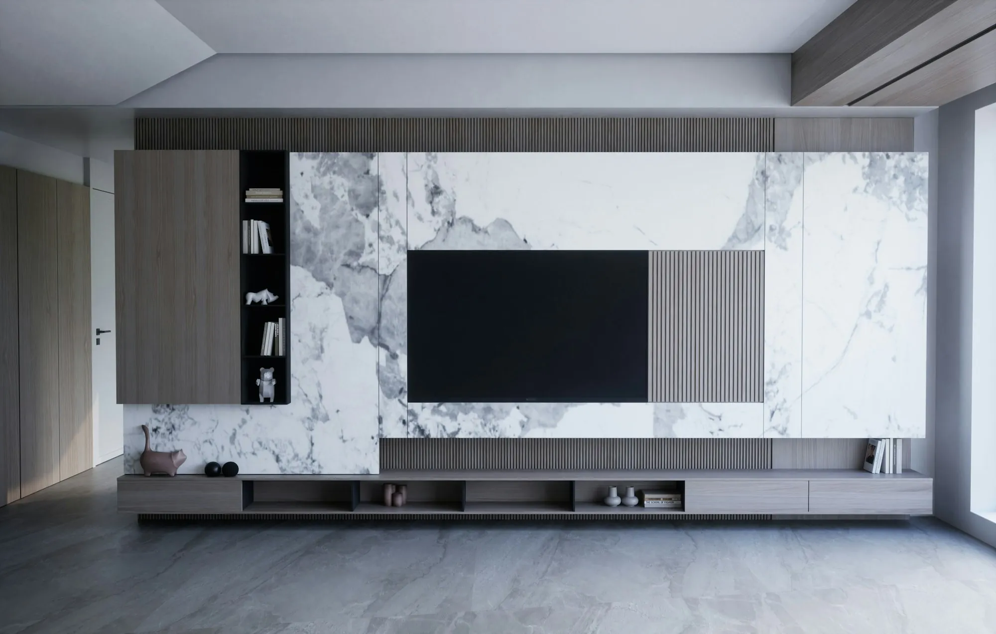 Marble-clad television wall with warm wood panelling and soft lighting
