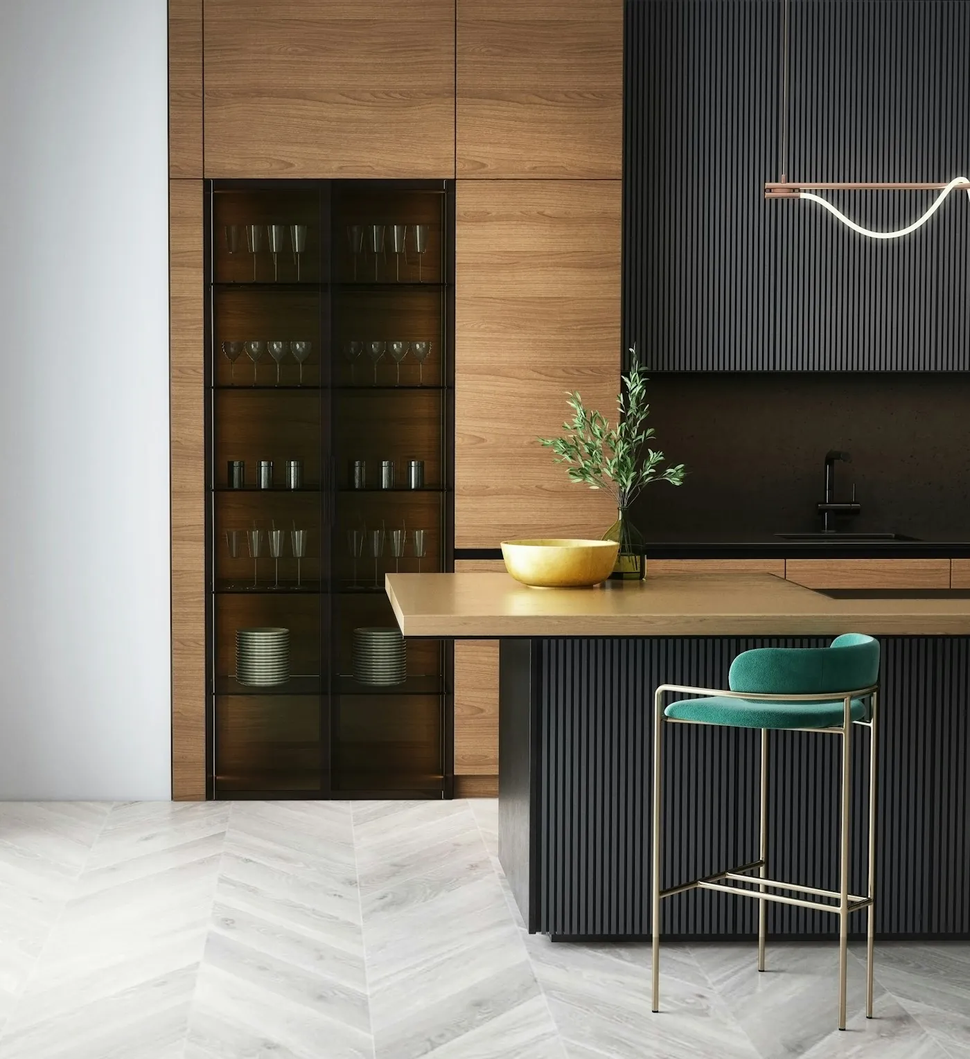 Modern modular kitchen with an island, pendant lights and handleless cabinets