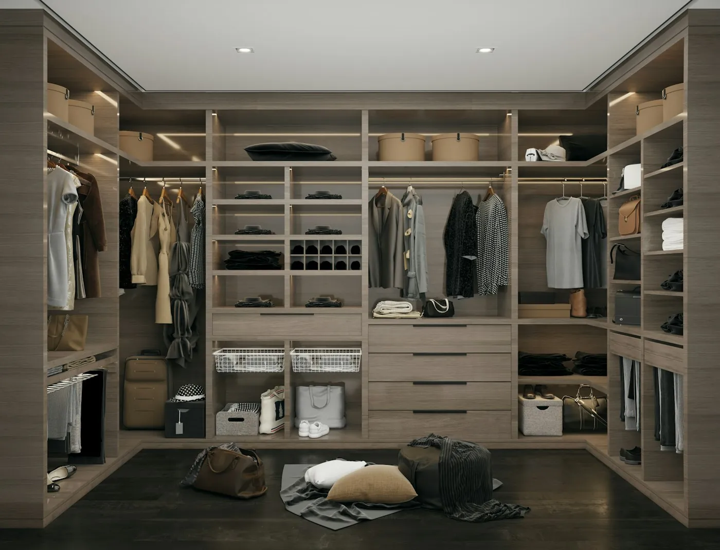 Walk-in wardrobe with overhead loft storage in a warm oak finish