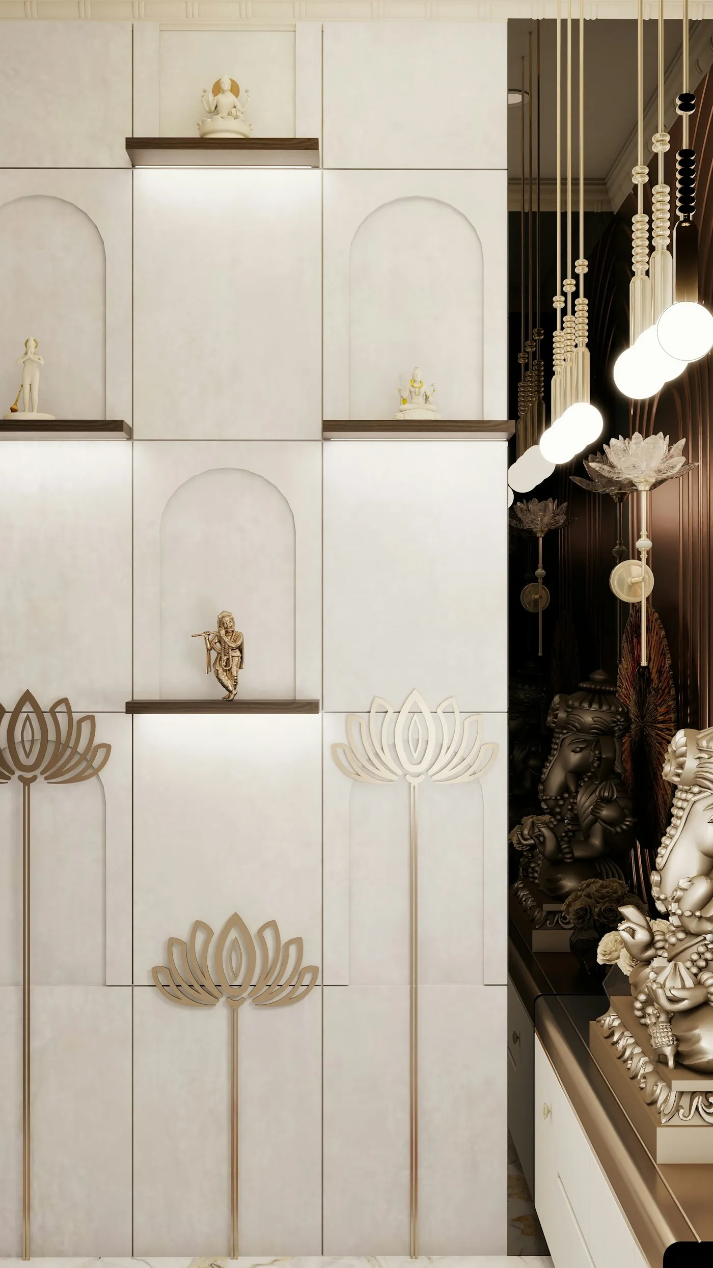 Warmly lit pooja room with a carved wooden mandir