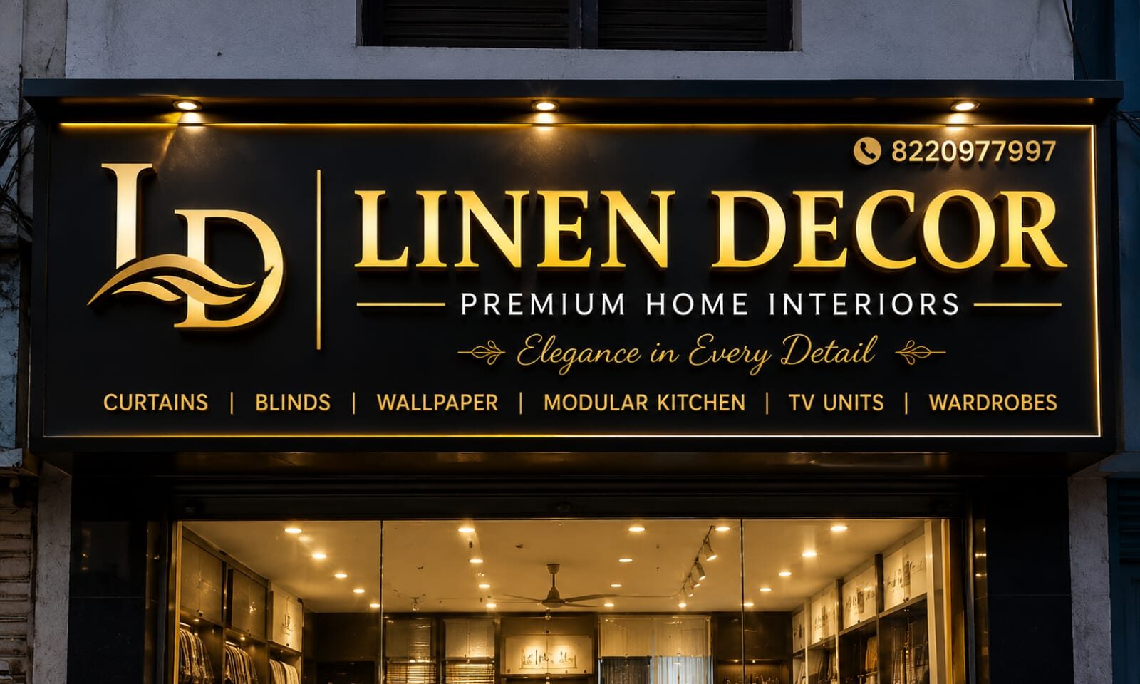 Linen Decor showroom sign in gold lettering above the shop front in Saibaba Colony