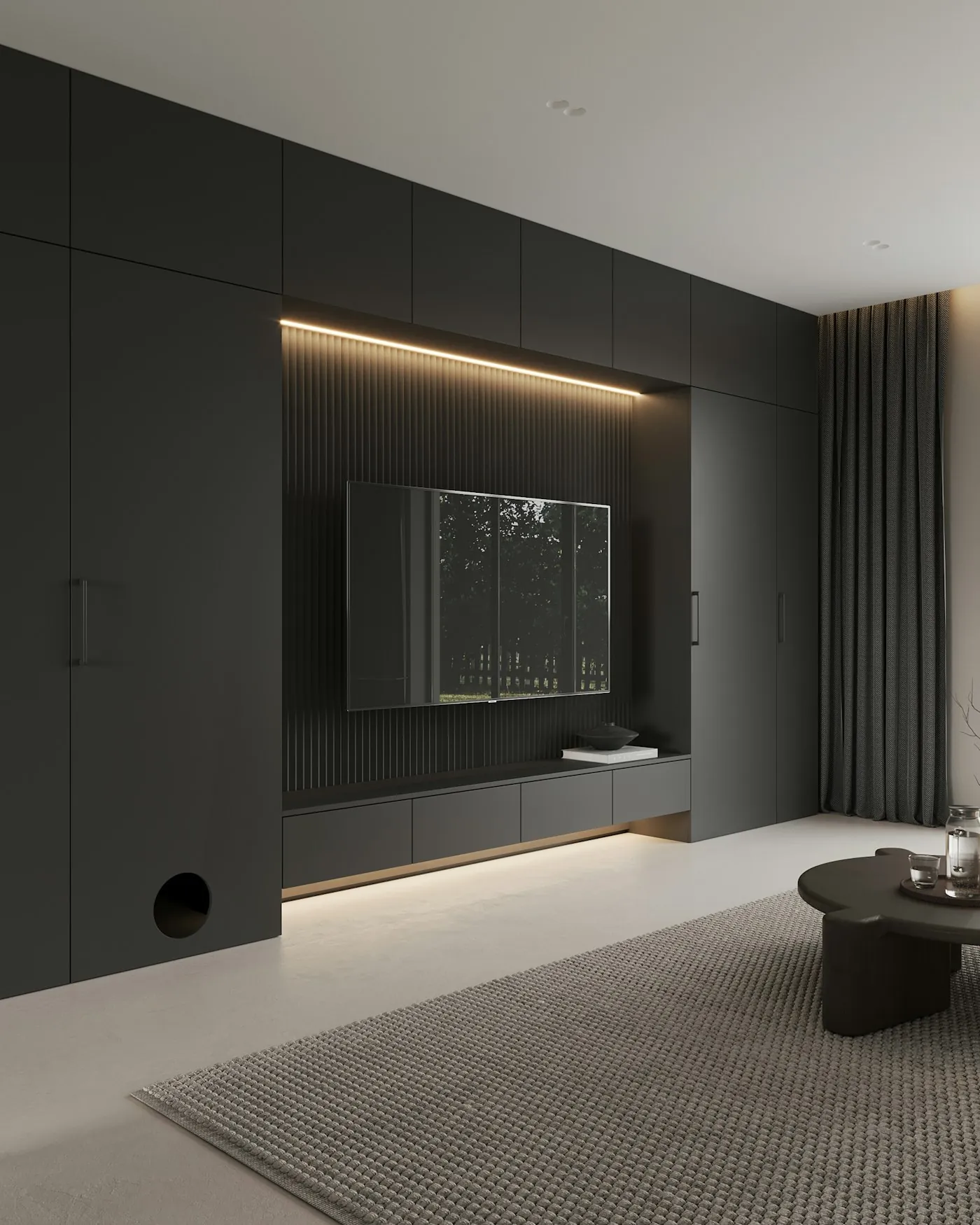 Living room with a panelled TV wall and soft accent lighting