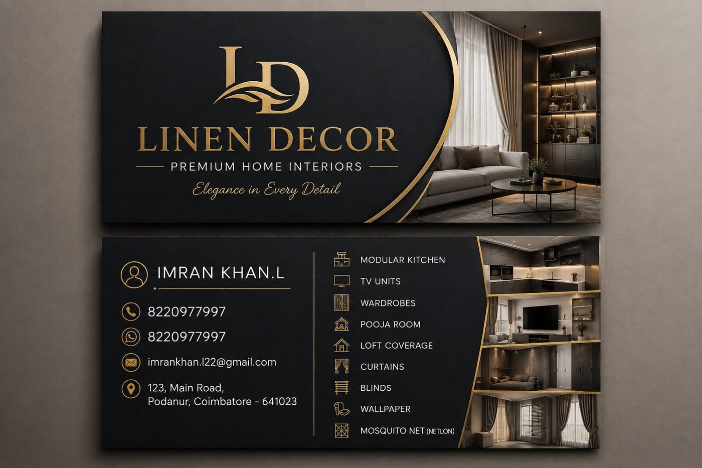 Linen Decor visiting cards, front and back, in black and gold