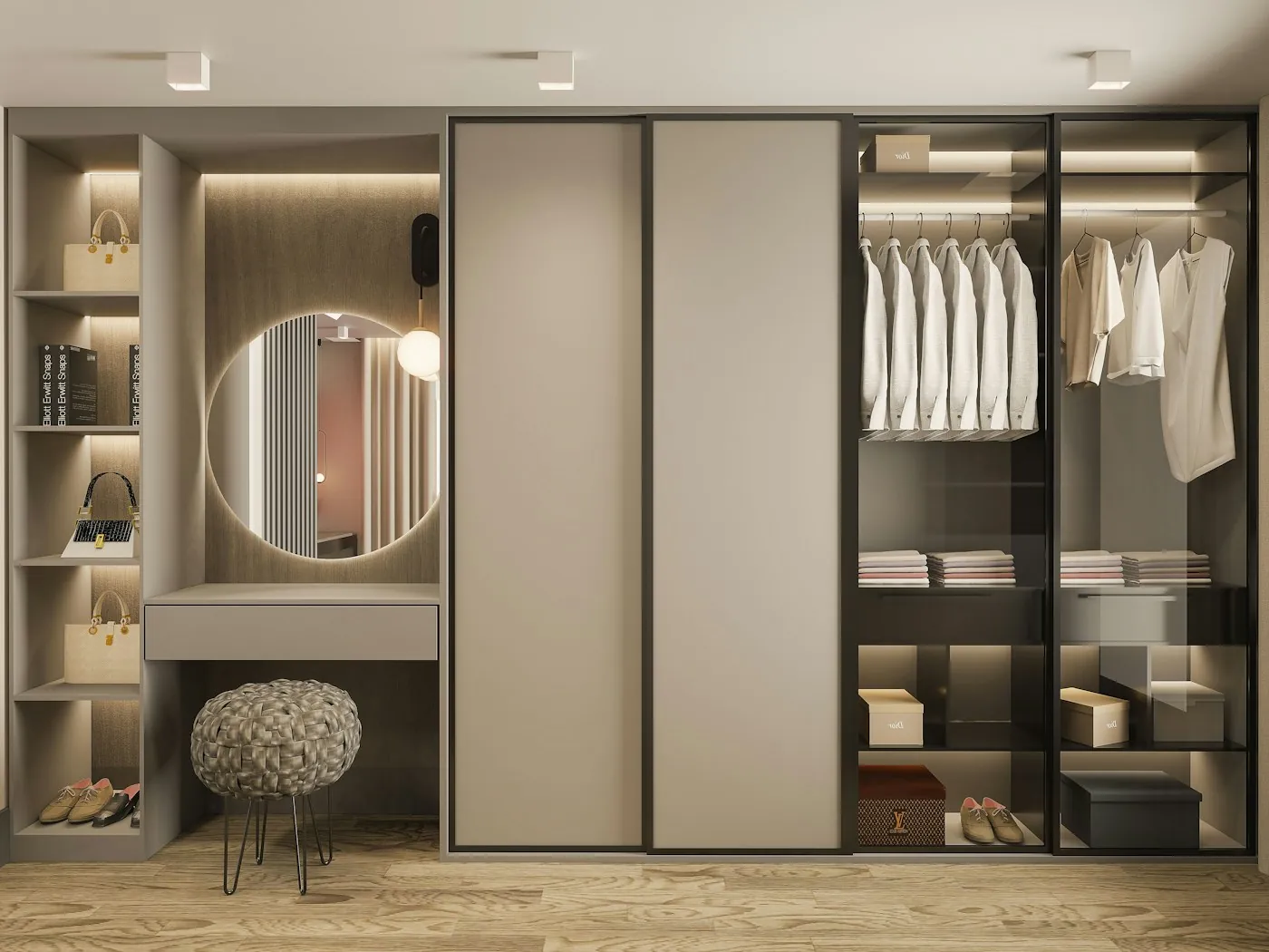 Walk-in wardrobe with open wooden shelving and warm lighting